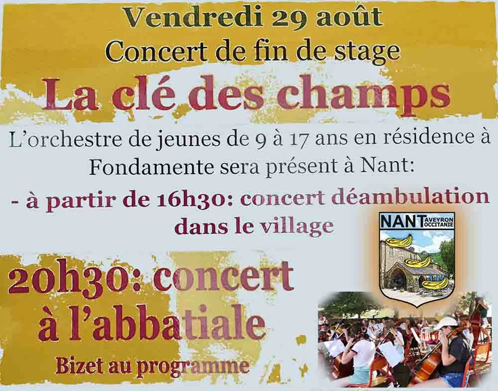 Concert à Nant d'un orchestre de jeunes de 9 à 17 ans. Déambulation à 16h30 et Abbatiale Saint-Pierre à 20h30 Concert à Nant d'un orchestre de jeunes de 9 à 17 ans. Déambulation à 16h30 et Abbatiale Saint-Pierre à 20h30