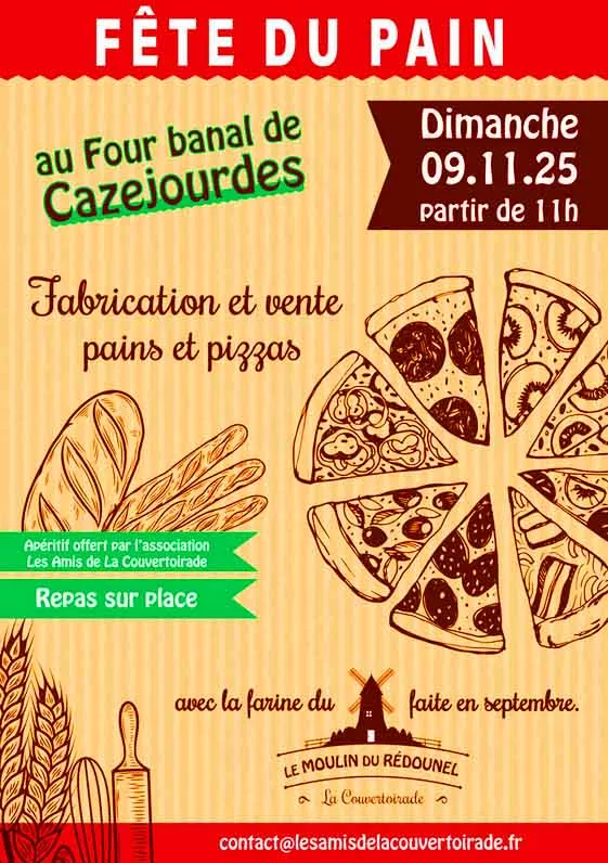 Fête du pain à Cazejourdes avec une céréal ancienne cultivée à l'Hospitalet du Larzac, battue à l'ancienne lors de la fête de Cornus et ensuite transformée en farine au moulin du Rédounel de la Couvertoirade