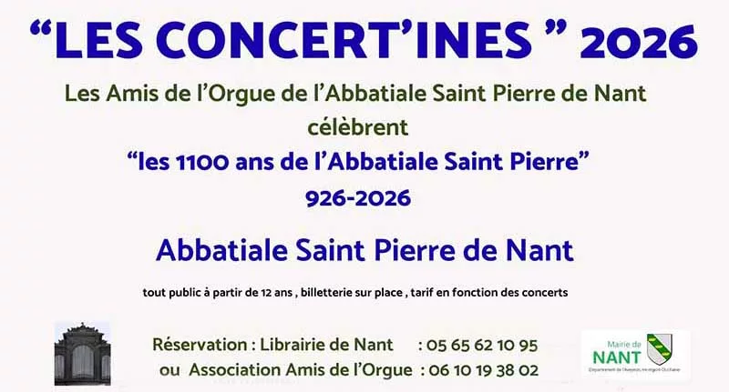 Les concerts à nant 2026 par les amis de l'orgue en l'abbatiale Saint-Pierre pour ses 1100 ans. Les concerts à nant 2026 par les amis de l'orgue en l'abbatiale Saint-Pierre pour ses 1100 ans.