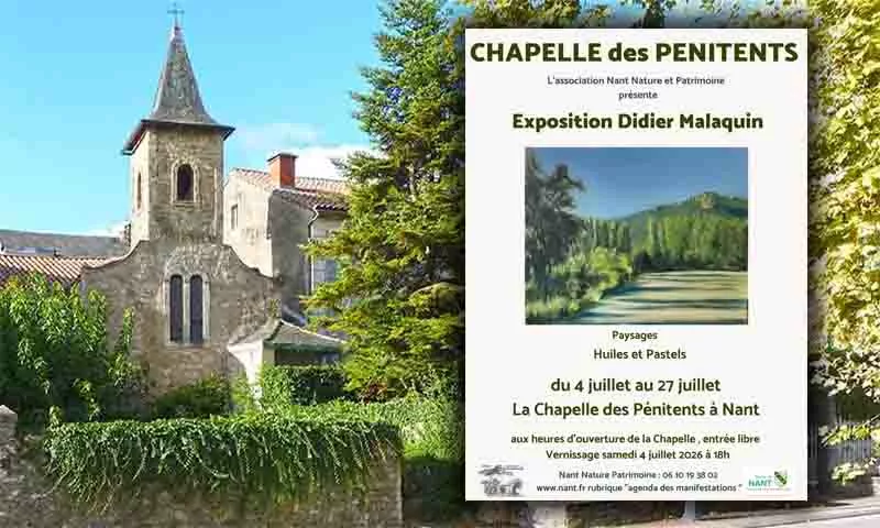 Chapelle des pénitents blancs exposition Didier Malaquin, vernissage le 04 juillet à 18h00 à Nant d'Aveyron