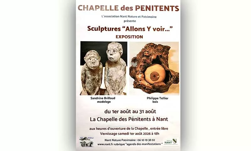 Exposition de sculpture et modelage à la Chapelle des Pénitents à Nant. Sandrine Brillaud et Philippe Tellier du 1er août au 31 août 2026